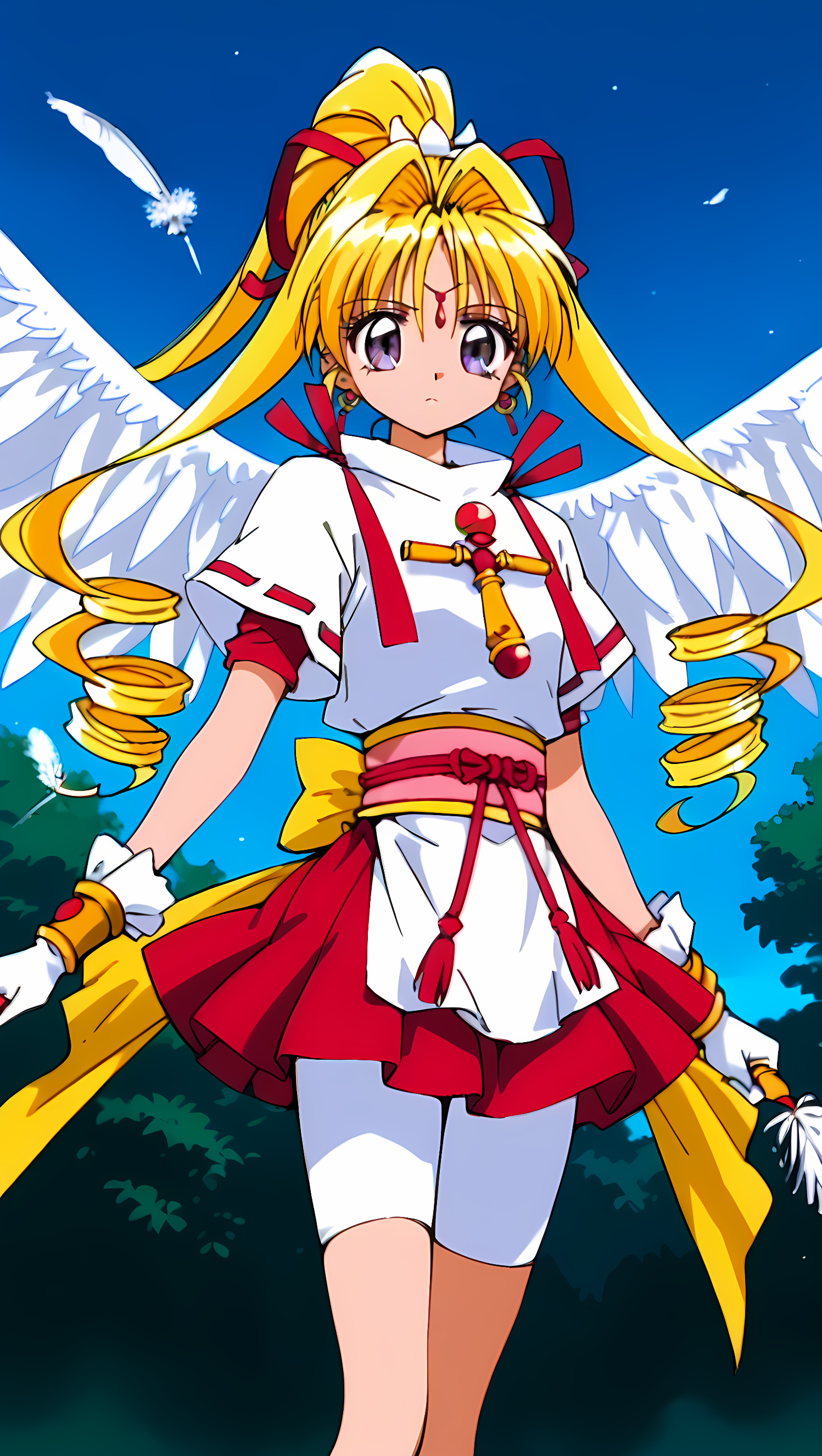 8k, best quality, solo, cute, score_9, score_8_up, score_7_up, 90s anime, 1girl, KKJs2, source_anime, artist A style, purple eyes, forehead jewelry, blonde hair, very long hair, two high twintails, one high ponytail, drill hair, red hair ribbon, white decoration, earrings, white top, folded standing collar, white collar, red accents, short sleeves, short red inner sleeves, exposed lower arms, shoulder decorations, red decorations, cross ornament, gold bracelet, white gloves, red and yellow sash, red rope, tassels, large yellow bow, layered skirt, red skirt, white apron, white bike shorts, bare thighs, white boots, red ribbons, holding ribbon wand, red ribbon, white wings, feather wings, midair, cowboy shot, starry sky, night sky