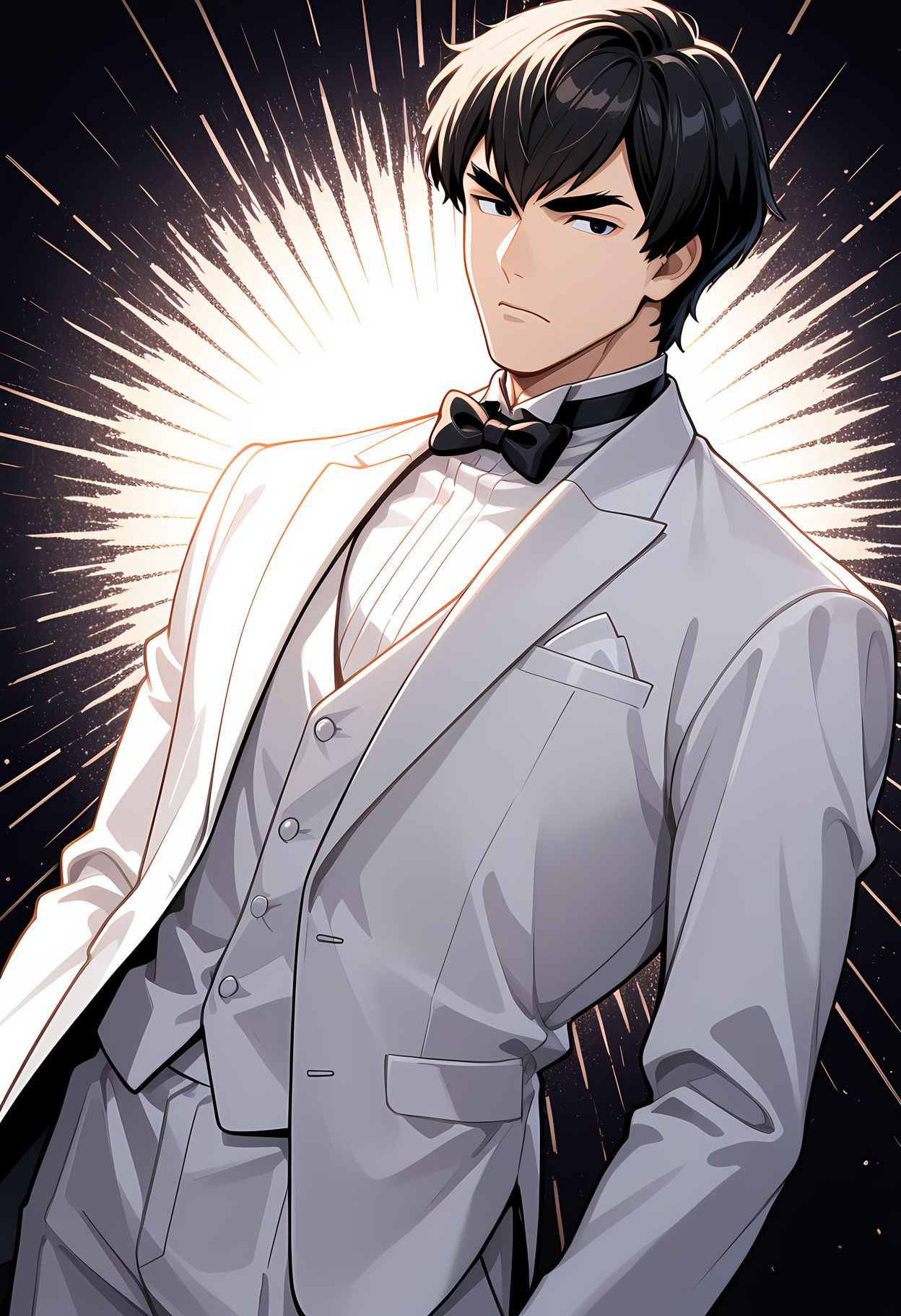 masterpiece, best quality, amazing quality, dutch angle, abstract background, BREAK
1boy, solo, male focus, sf_feilong, black hair, short hair, thick eyebrows, black eyes, white tuxedo, formal, bow tie, BREAK
<lora:cfg_scale_boost:.6>  <lora:Fei_Long_-_Street_Fighter_-_ILXL:1>