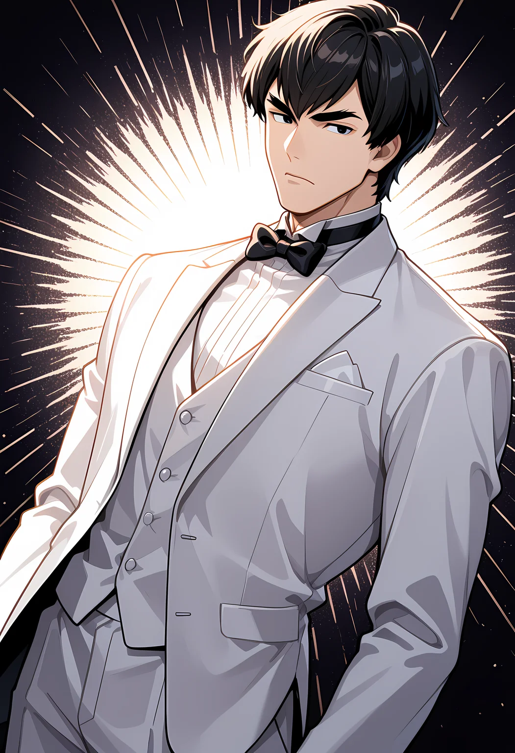 masterpiece, best quality, amazing quality, dutch angle, abstract background, BREAK
1boy, solo, male focus, sf_feilong, black hair, short hair, thick eyebrows, black eyes, white tuxedo, formal, bow tie, BREAK
<lora:cfg_scale_boost:.6>  <lora:Fei_Long_-_Street_Fighter_-_ILXL:1>