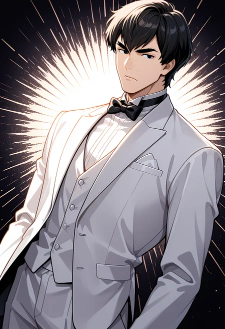 masterpiece, best quality, amazing quality, dutch angle, abstract background, BREAK
1boy, solo, male focus, sf_feilong, black hair, short hair, thick eyebrows, black eyes, white tuxedo, formal, bow tie, BREAK
<lora:cfg_scale_boost:.6> <lora:Fei_Long_-_Street_Fighter_-_ILXL:1>