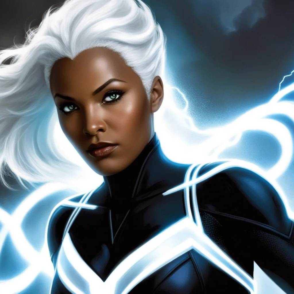 concept art of  <lora:comic book magazine:1>  
storm from x-men a woman with white hair and glowing white eyes comic book magazine style, digital artwork, illustrative, painterly, matte painting, highly detailed