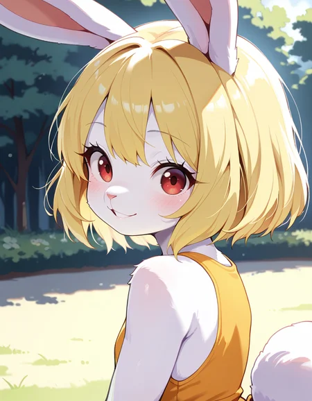 masterpiece, best quality, very aesthetic, absurdres,
outdoors,
upper body,
smile, parted lips, long eyelashes,
<lora:Carrot_v01_NAIXL:1>
Ca3307,1girl,solo,furry,furry female,rabbit girl,short hair,blonde hair,rabbit ears,red eyes,animal nose,body fur,white fur,rabbit tail,