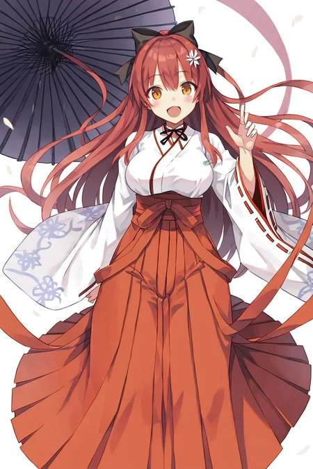 score_9,score_8,1girl,<lora:CURA:0.7>,Lily Leinster,japanese clothes,red hair,hakama,skirt,long hair,hakama skirt,breasts,large breasts,kimono,wide sleeves,hair bow,floating hair,bow,red hakama,ribbon,very long hair,black bow,bangs,boots,black ribbon,long sleeves,hair ornament,facing viewer,frills,