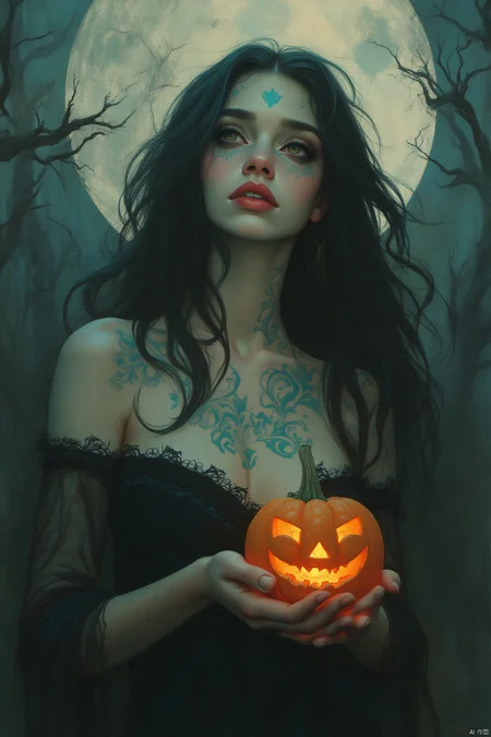 OBxiaoxiang,
A breathtakingly beautiful young woman, bathed in the ethereal glow of a full moon, her skin like polished ivory, adorned with intricate, swirling patterns of midnight blue and emerald green that seem to pulse with an inner light. Her crimson lips curve into a captivating smile, revealing perfectly formed teeth, framed by raven hair that cascades down her back like a waterfall of midnight ink. She gazes serenely into the distance, her eyes, the color of storm clouds before a sunrise, reflecting the mystical ambiance of the Halloween night. A delicate, hand-carved pumpkin lantern, glowing with a warm orange light, rests gently in her outstretched hand, casting a warm, inviting glow upon her form. The background is a swirling tapestry of cobwebs and smoke, evoking the atmosphere of a haunted forest on a Halloween night. The overall image has a strong gothic aesthetic, with a sense of quiet power and timeless beauty. A subtle yet noticeable mist hangs in the air, adding an additional layer of mystery and allure.