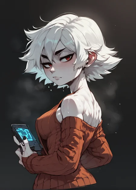 white skins, spiky red short tomboy hair, neutral expression, tight sweater, <lora:NAHIRI:1> nahiri, 1girl, solo, short hair, breasts, bare shoulders, white hair, colored skin, side boob, sweaty, underbob  <lora:Huffslove_Style_PonyXL:1> shortstack, source_anime, score_9_up,  score_7_up, score_8_up