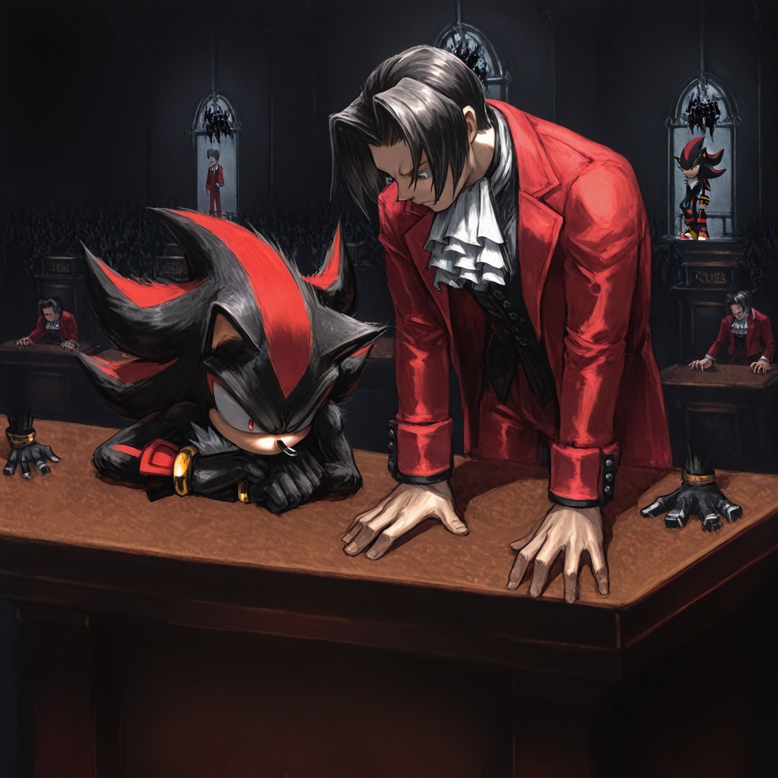 2boys,courtroom,shadow the hedgehog, red eyes, black fur,Miles Edgeworth,dark hair,dark eyes,grey eyes,ascot,red jacket,red pants,hand on counter,cold gaze,menacing,scary,head down,intimidatory,defensive pose,defensive stance,,masterpiece,very aesthetic,best quality,detailed,dynamic stance,