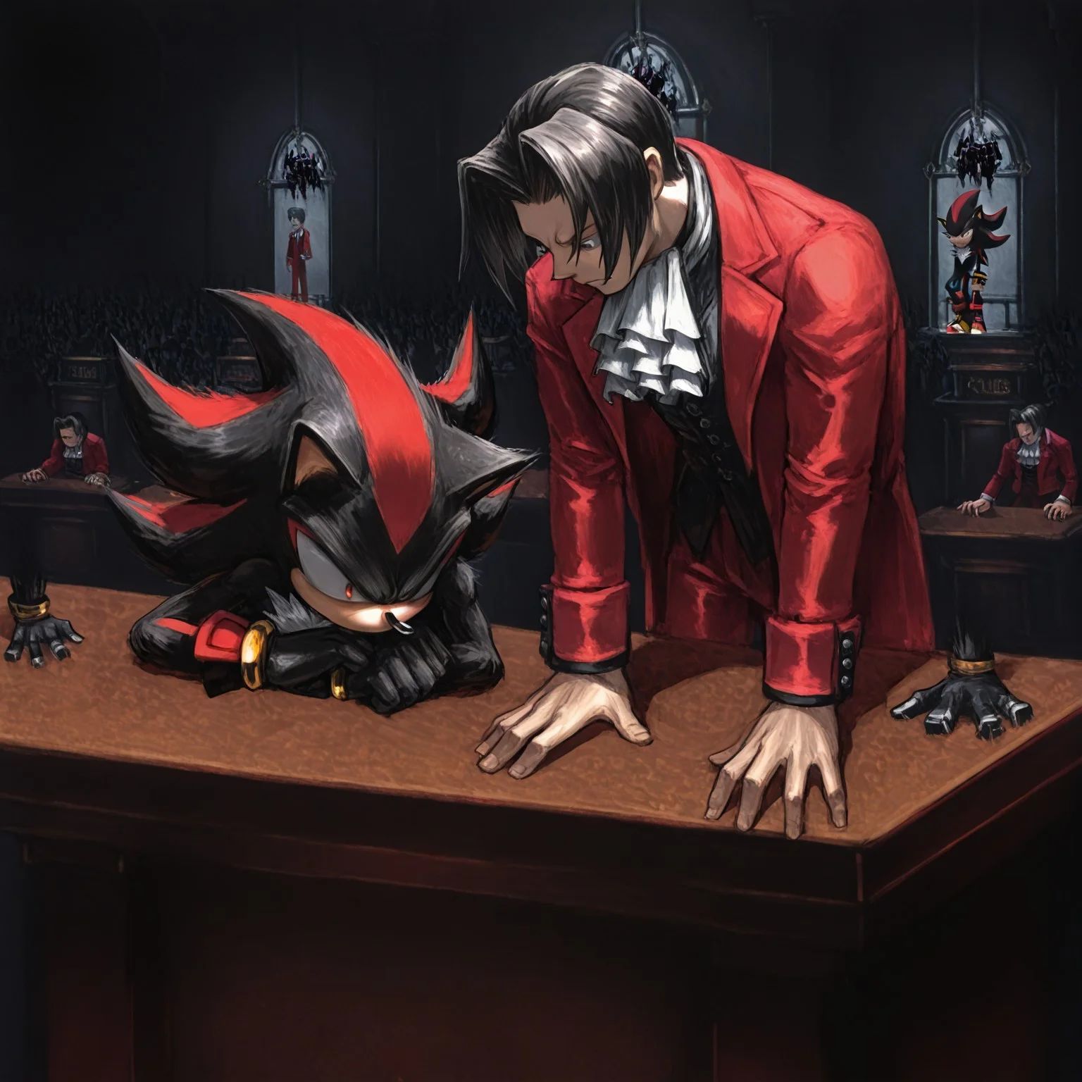 2boys,courtroom,shadow the hedgehog, red eyes, black fur,Miles Edgeworth,dark hair,dark eyes,grey eyes,ascot,red jacket,red pants,hand on counter,cold gaze,menacing,scary,head down,intimidatory,defensive pose,defensive stance,,masterpiece,very aesthetic,best quality,detailed,dynamic stance,