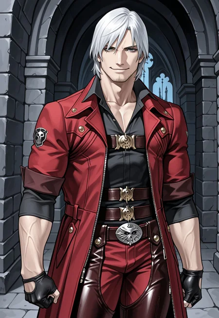 kanekostyle, lipstick, eye shadow, eyelashes, da4e3, masterpiece, best quality, hyper-Detailed, 1man, solo, male focus, alone, detailed, Dante ((muscular body, fair skin, white hair, blue detailed eyes, chin stubble)), ((wearing black collared shirt, open collar, chest belt, red coat, trench coat, sleeves rolled up, black gloves, partially fingerless gloves, buckle, brown leather black chaps, red pants,)), looking at the viewer, smiling, hand on chin, standing, inside a dark castle, night