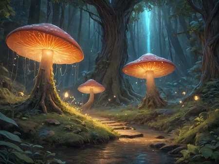 ethereal fantasy concept art of A mystical forest at night, with glowing mushrooms and fireflies illuminating the trees. In the distance a waterfall cascading down a cliffside. The forest is home to a (family of unicorns:1.2), who graze peacefully among the tall grasses and listen to the gentle rustling of leaves in the breeze. <lora:LoromXL_Druidic_Naturalism:0.3>, (Extremely Detailed Oil Painting:1.2), glow effects, godrays, Hand drawn, render, 8k, octane render, cinema 4d, blender, dark, atmospheric 4k ultra detailed, cinematic sensual, Sharp focus, humorous illustration, big depth of field, Masterpiece, colors, 3d octane render, 4k, concept art, trending on artstation, hyperrealistic, Vivid colors, extremely detailed CG unity 8k wallpaper, trending on ArtStation, trending on CGSociety, Intricate, High Detail, dramatic, absurdes . magnificent, celestial, ethereal, painterly, epic, majestic, magical, fantasy art, cover art, dreamy