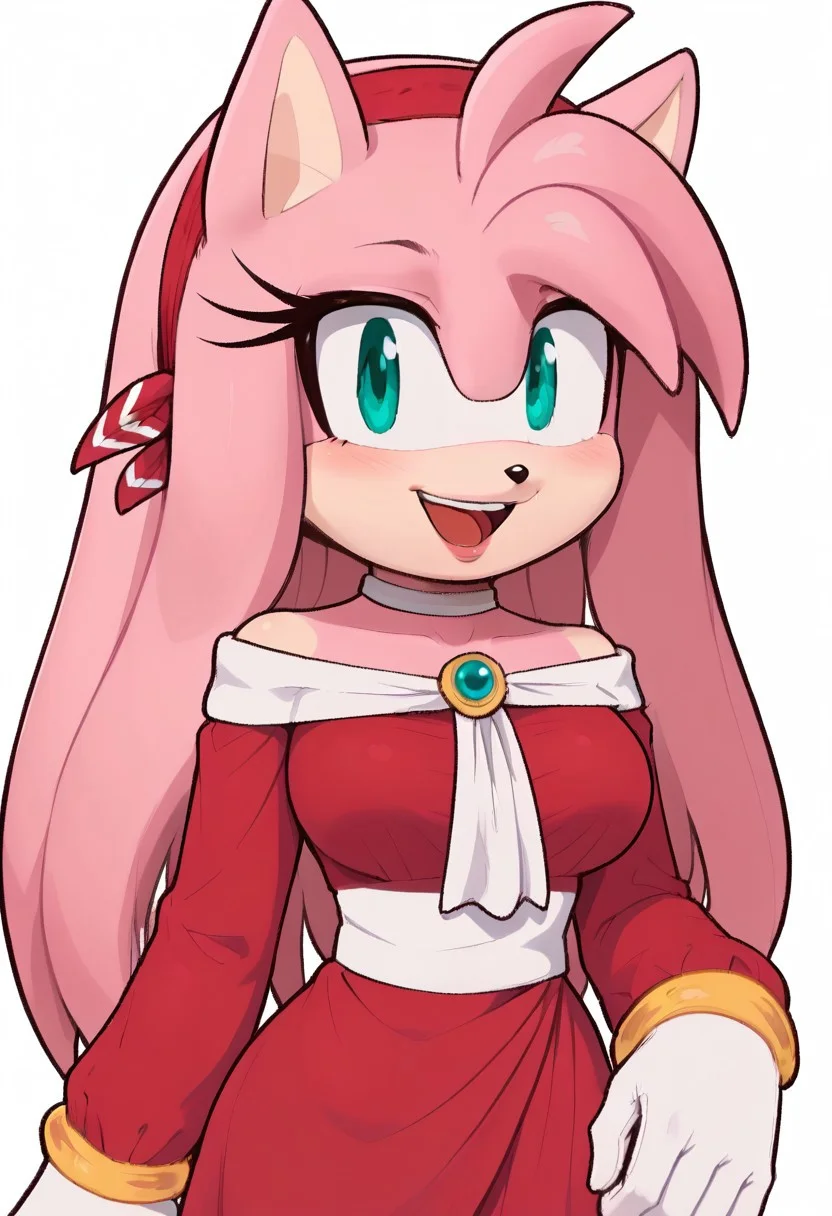 white background, simple background, sold color background, 2d, 1girl, solo, masterpiece, best quality, extreme detail, hourglass figure, wide hips, round boobs, medium breasts, narrow waist, mature female,
 1girl, solo, Sega, amy rose, white gloves, long sleeves, red dress, off shoulder, choker, green eyes, pink hair, long hair, extremely long hair, hair over shoulders, white trim, gold bracelets, red headband, animal ears, anthro female, eyelashes, baggy sleeves, 
close up, upper body, happy expression, hand up, blush, smile, open mouth, looking at viewer,