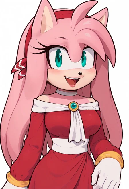 white background, simple background, sold color background, 2d, 1girl, solo, masterpiece, best quality, extreme detail, hourglass figure, wide hips, round boobs, medium breasts, narrow waist, mature female,
1girl, solo, Sega, amy rose, white gloves, long sleeves, red dress, off shoulder, choker, green eyes, pink hair, long hair, extremely long hair, hair over shoulders, white trim, gold bracelets, red headband, animal ears, anthro female, eyelashes, baggy sleeves,
close up, upper body, happy expression, hand up, blush, smile, open mouth, looking at viewer,