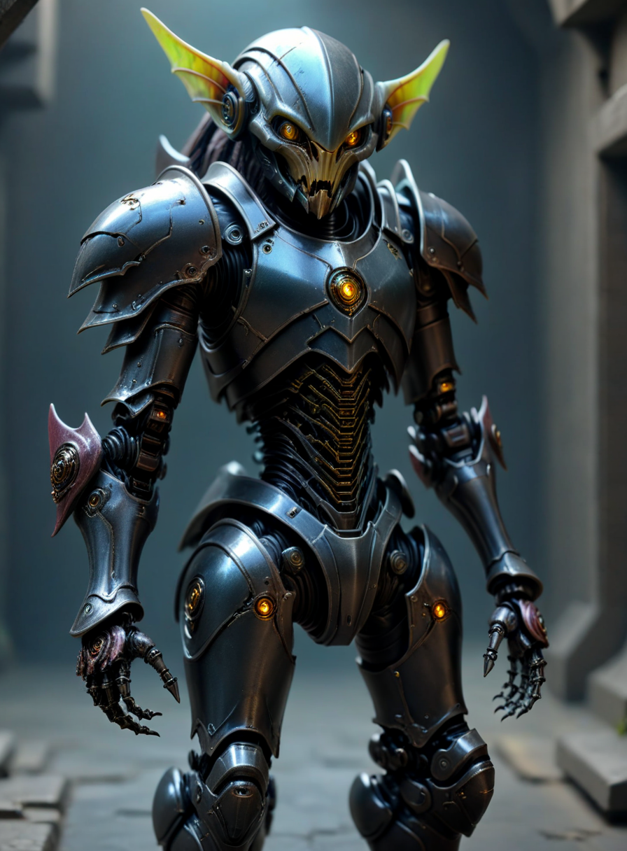 cybrk, dark elven alien species warrior in a dark basement with heavy armor, highly detailed, dystopic, subversive <lora:alien-species:1>  <lora:cybrk-knight-2p:1>