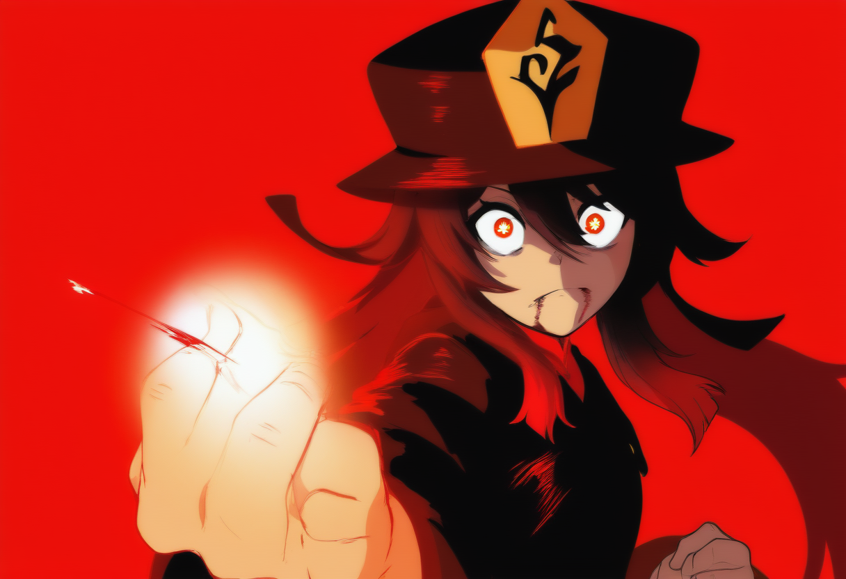 memehollowpurple, meme, serious, 1girl, Constricted Pupils, solo, (hu tao), hat, looking at viewer,  closed mouth, upper body, hand up, [clenched hand], glowing, red background, orange background, radial gradient background, gakuran, magic, aura, blood from mouth, frown, glowing eyes, blood on clothes, incoming attack
masterpiece, best quality, highres, very awa, watercolor (medium)