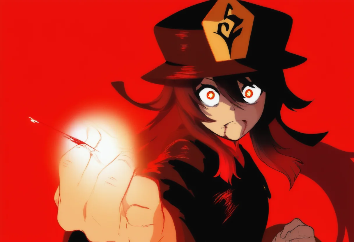 memehollowpurple, meme, serious, 1girl, Constricted Pupils, solo, (hu tao), hat, looking at viewer,  closed mouth, upper body, hand up, [clenched hand], glowing, red background, orange background, radial gradient background, gakuran, magic, aura, blood from mouth, frown, glowing eyes, blood on clothes, incoming attack
masterpiece, best quality, highres, very awa, watercolor (medium)