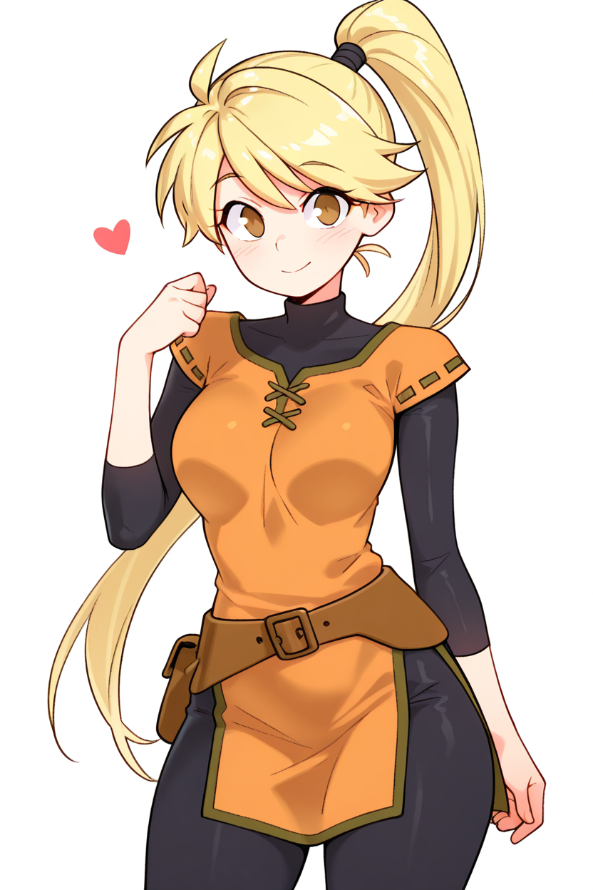masterpiece, best quality, medium breasts, (curvy),  ,,, BREAK, zzYellow, brown eyes, blonde hair, long hair, ponytail, bangs, orange tunic, brown belt, pants, <lora:YellowPokemonIXL_v2:1.0>BREAK,  smile, looking at viewer, cowboy shot,    ,<lora:TobiaswhellerIXL:1.0>,
