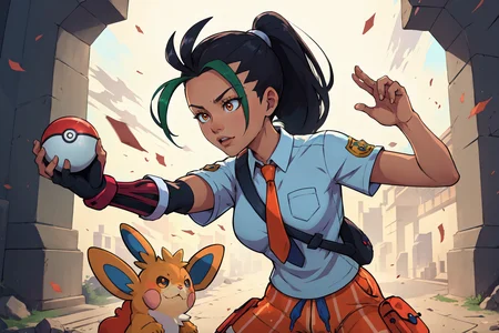 (masterpiece, best quality, absurdres, 4k, aesthetic, detailed, intricate, perfect lighting),outside,dynamic pose,motion lines,1girl,throwing pokeball,nemona (pokemon), streaked hair, ponytail, orange necktie, orange shorts, single glove, school uniform, <lora:PKMN_Nemona-DEF:0.7>