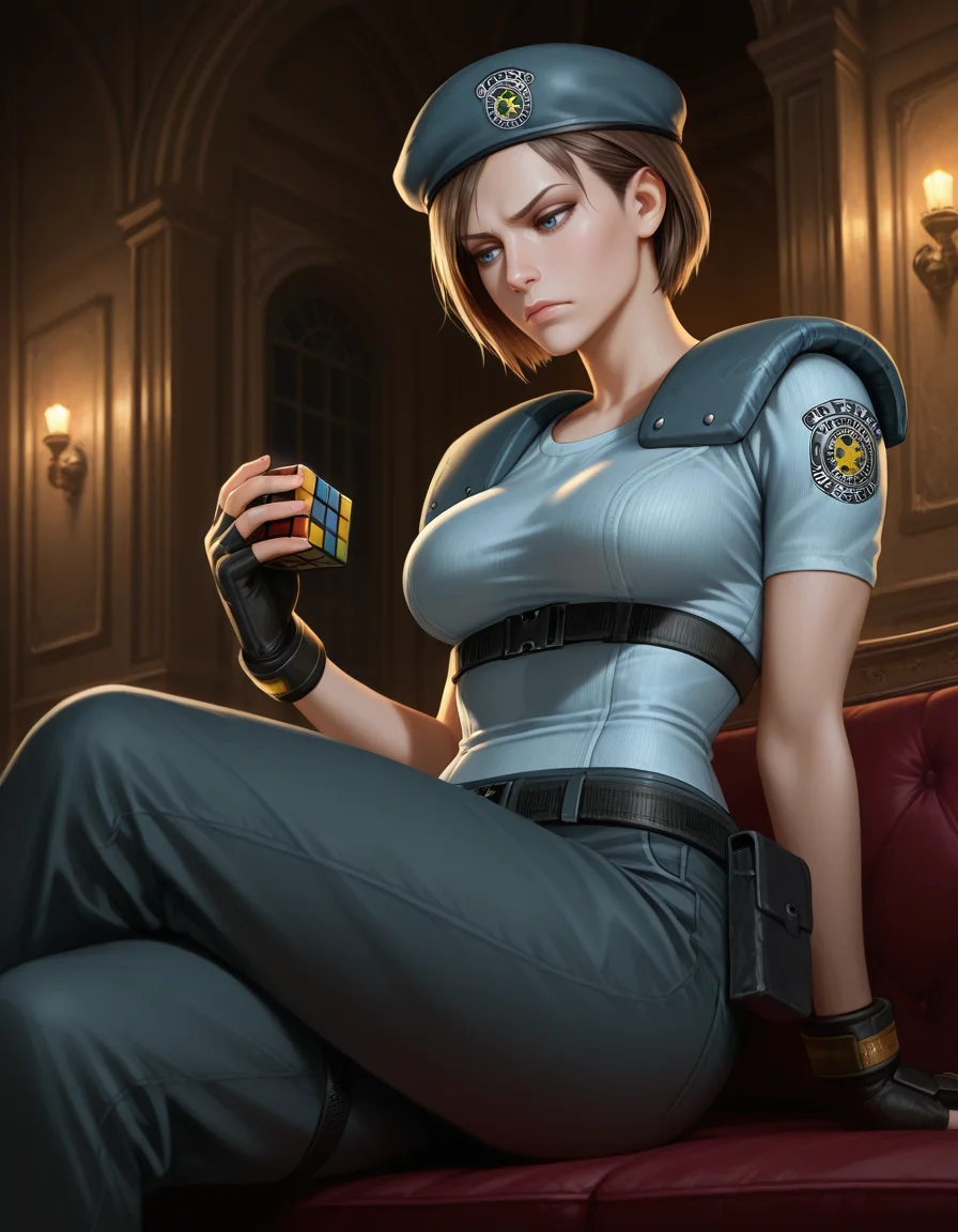 jill valentine, 1girl, beret, blue eyes, breasts, short sleeves,, annoyed, mansion, darkness, at night, indoors, holding rubiks cube, sitting, looking down,, pants
, masterpiece, best quality, realistic, <lora:IL_RE1Jill_t1-33-64:1>