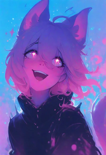 masterpiece, best quality, highres, absurdres, solo character, (exaggerated joy:1.9),  
BREAK  
(4k, Ultra HD), dynamic brushstroke background, vibrant swirls, expressive color palette  
BREAK  
absolutely eye-catching, wide open smile, sparkling eyes, hands flung wide  
BREAK  
tail in motion, hair wild, clothes fluttering, arms stretched mid-celebration  
BREAK  
expressionist style, visible brush texture, glowing edges, bold color splash