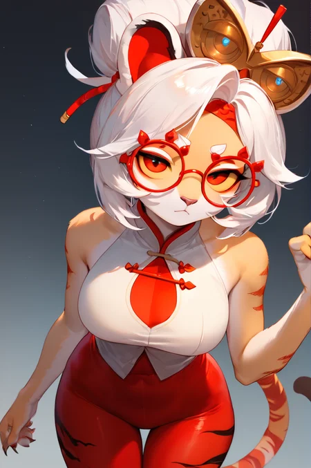 Score_9, Score_8_up, Score_7_up, Score_6_up source_furry,
1girl, red glasses, hair ornament, solo, red headband, white hair, sleeveless shirt, red leggings, red eyes, yellow sclera, bare shoulders, tiger, furry, tiger ears, female_tiger, furry female, bare arms, <lora:purah-pdxl-nvwls-v1:1>