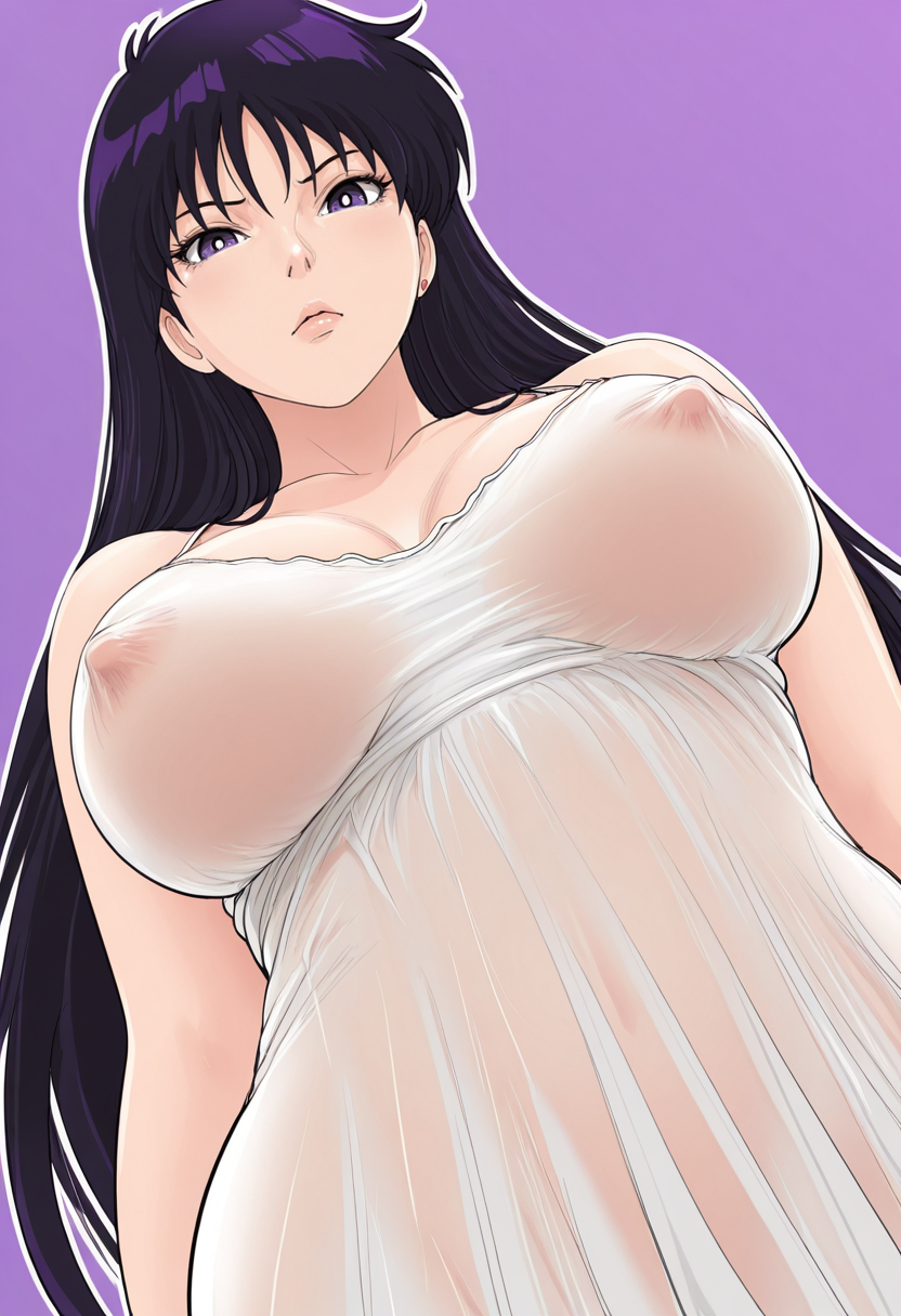 masterpiece, best quality, 
1girl, solo, 
From below
hino rei,black hair, long hair, purple eyes,  
white camisole, see-through clothes, covered nipples,
looking at viewer, 
simple background, Lilac Purple  background, outline, 
 <lora:raikageart:1> r41k4g34rt,