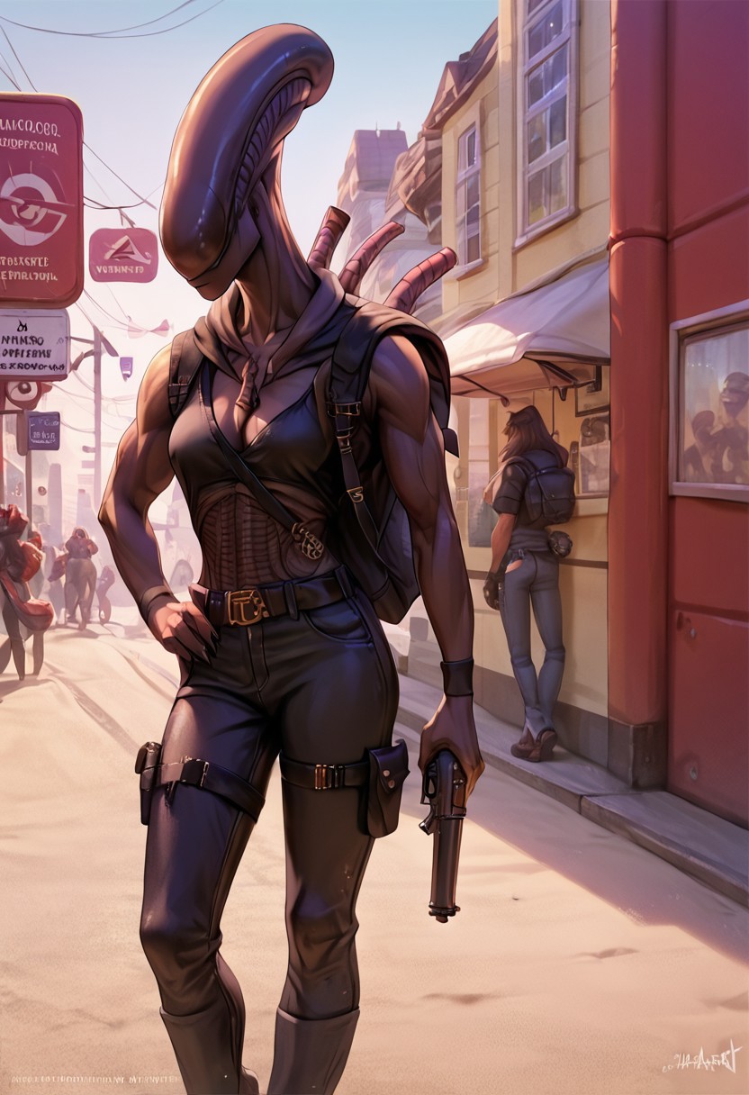 score_9, score_8_up, score_7_up, score_6_up,detailed, hi_res, amazing_background, colorful, ultra detailed, high quality, score_9, score_8_up, score_7_up, score_6_up, source_anime, score_furry, furry, BREAK Xenomorph in black leather cape standing in the middle of street, jaket, gun on hip, revolver, hiking backpack on one shoulder, xenomorph hand holding hiking backpack, belt with ammunition over the shoulder, medium muscular torso, gun holder directly in the middle of the chest with plasma pistol, deserted street