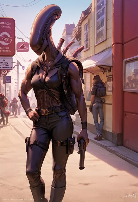 score_9, score_8_up, score_7_up, score_6_up,detailed, hi_res, amazing_background, colorful, ultra detailed, high quality, score_9, score_8_up, score_7_up, score_6_up, source_anime, score_furry, furry, BREAK Xenomorph in black leather cape standing in the middle of street, jaket, gun on hip, revolver, hiking backpack on one shoulder, xenomorph hand holding hiking backpack, belt with ammunition over the shoulder, medium muscular torso, gun holder directly in the middle of the chest with plasma pistol, deserted street
