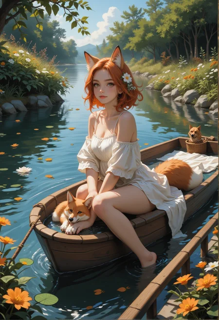 a RAW ultra-realistic photo, UHD,8K, masterpiece, best quality, higres, high detail, depht of view, score_9,score_8_up,score_7_up,embedding:zPDXL2, Expressive,colorful, , A fox is sitting on the edge of a boat. The boat is on the water. The water is blue. There are flowers in the water around the boat. There is a ladder next to the fox., looking_at_viewer, flower, outdoors, day, artist_name, signature, water, orange_eyes, no_humans, animal, leaf, plant, white_flower, dog, animal_focus, fox,<lora:增强\(收藏)\sdxl_lightning_8step_lora.safetensors:1.0:1.0> <lora:(风格)\(收藏)\Expressive_H-000001.safetensors:0.8:0.8> <lora:(风格)\(收藏)\GN_v1.4.safetensors:0.4:0.4> <lora:增强\(收藏)\Hands XL 4.safetensors:1.0:1.0> <lora:Envy Pony Pretty Eyes 01.safetensors:0.3:0.3>