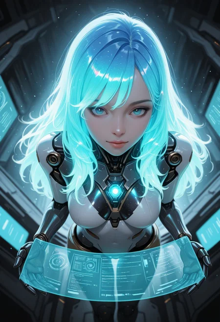 lazypos, science fiction, 1girl, android, holographic interface, glitter, light particles, faint lighting, glowing, ethereal, neon hair, glowing hair, long hair, looking at viewer, relaxing, from above, dynamic angle