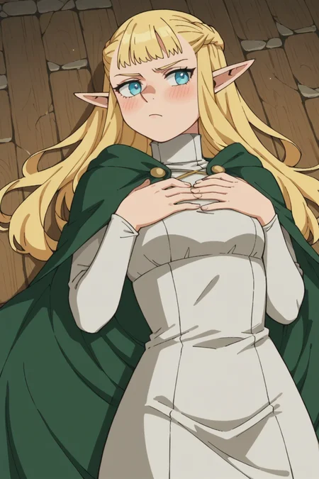 score_9, score_8_up, score_7_up, source_anime, 1girl, prefect lighting, very aesthetic, intricate details, highly detailed background, masterpiece, high quality, prefect hands, best quality, solo,
<lora:Pattadol_Dungeon_Meshi_V1:.8>, blonde hair, light blue eyes, pointy ears, pointy nose, braid, long hair,
green cape, white turtleneck dress, long sleeves,
on back, lying on wooden floor, looking to the side, heavy blush, hands on chest, pout,
dungeon, stone wall, dark, dim lights, wooden floor,
(Beautiful, small Breasts:1.2), natural breasts,