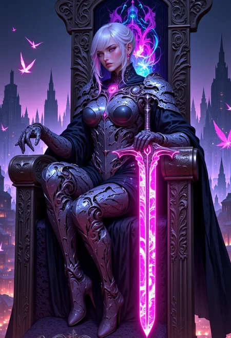 A futuristic female cyborg sits with commanding poise on a sleek, high-tech throne crafted from polished metal and glowing neon circuitry. The throne hums faintly with energy, its surface etched with intricate, futuristic patterns that pulse softly with pink and white light. Her cybernetic features are a perfect blend of human beauty and advanced technology—her face is partially metallic, with glowing pink lines tracing across her cheekbones and temples, framing her piercing, luminescent eyes. Her expression is calm yet intimidating, exuding control and intelligence.
Beside her, she holds a pink glowing blade, its sharp, streamlined design radiating a pulsing neon light. The blade’s surface is smooth and reflective, with faint digital patterns running along its length. 
Her armor is a marvel of futuristic design, blending lightweight metallic plating with flexible synthetic materials. The suit is accented with glowing pink energy lines that run along her arms, legs, and torso, highlighting her cybernetic enhancements. 
The background is a sprawling futuristic cityscape, filled with towering skyscrapers and glowing holograms that dominate the night sky. Neon lights in shades of pink, blue, and violet reflect off metallic surfaces, while flying vehicles zip through the air.