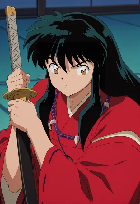 masterpiece, best quality, , anime screencap, anime coloring, official style, , depth of field, 1boy, solo, male focus, <lora:inuyasha_ilxl:0.94>, inuyasha, black hair, brown eyes, long hair, , weapon, sword, katana, sheath, , , ,