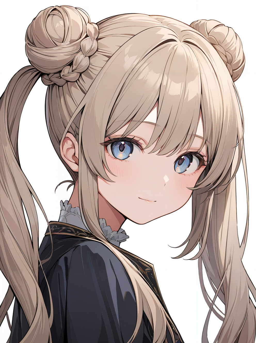 masterpiece,ultra-detailed,best quality,8K,illustration,cute face,clean skin ,shiny hair,girl,ultra-detailed-eyes,simple background, <lora:add-detail-xl:1> <lora:double bun twintail_XL_V1.0:0.8> double bun twintail, long hair