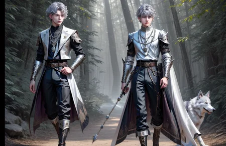 8k, wolf prince,   ((masterpiece)).((best quality:1.2)),  sharp focus, full body, head to toe, 1 young man, 22 years old, youthful appearance, male focus, dynamic pose,  silver colored hair, curly hair, EYESHD,  small testicle bulge, Nora outfit fur accents, Nora outfit bead necklaces, Nora outfit pants, Nora outfit hip quiver, Nora outfit leg guards, Nora outfit arm braces, Nora outfit belt with pouches, and Nora outfit fur boots,   defined body, thin waist, looking at camera, armor,  detailed background a wooded clearing, a pet wolf standing nest to him,(absurdres) , <lora:more_details:0.5>, <lora:wrenchftmfshn>,<lora:add-detailxl:0.8>, <lora:Eyes_High_Definition-000007>, , <lora:lightup_brightness_v200:1>, <lora:Nora:1>
