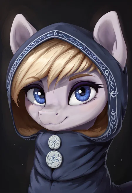 score_9, score_8_up, score_7_up, score_6_up, score_5_up, score_4_up, score_3_up, score_2_up, score_1_up, g4, pony, solo, my little pony, pony, feral pony, Eathelin, orchid purple skin, midnight blue eyes, thin eyebrows, long eyelashes, short blonde mane, water monk's robe, dark hood, black background, smile, look at you, cute, glare, high res, detailed face, portrait, face, bust