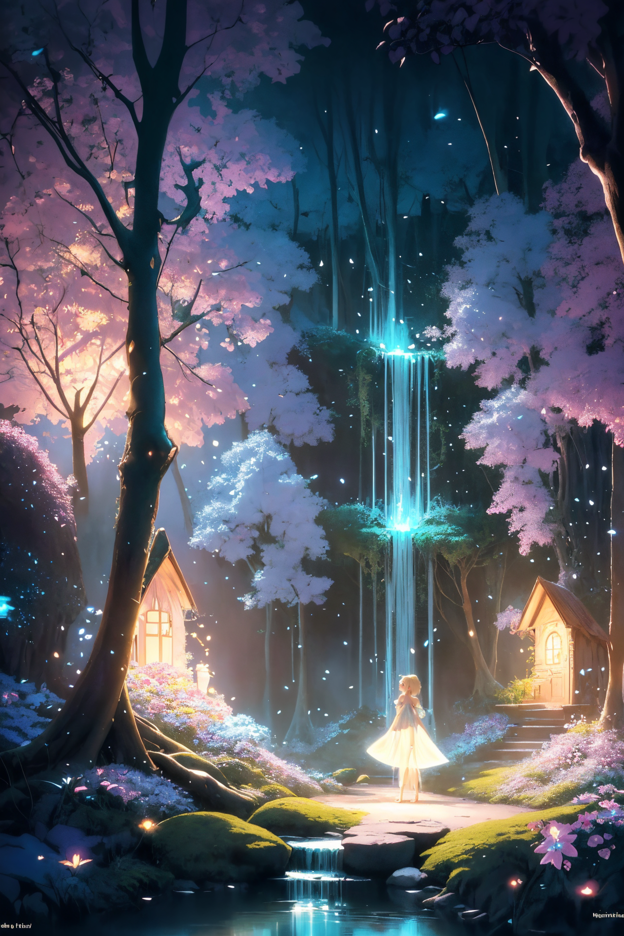 ( detailed realistic background:1),
( official art, beautiful and aesthetic:1 ),
realistic lighting,
cinematic lighting,
hyperrealism,
soothing tones,
muted colors,
high contrast,
soft light,
sharp,
artistic photoshoot,
<lora:FeyAndFairies-11:0.8>FeyFa, , forest, trees, middle, path, waterfall, through, background, stream, flowers, lights, running, in the foreground stands a fairy in front of her fairy house, light,( cute, petite ),
slender,
european,
pale cheeks,
square face shape with angular jaw,
natural "no-makeup" makeup,
big breasts,
,
blonde hair ,
crown braid  ,wearing a see-through gossamer fairy short dress,
night time, darkness,