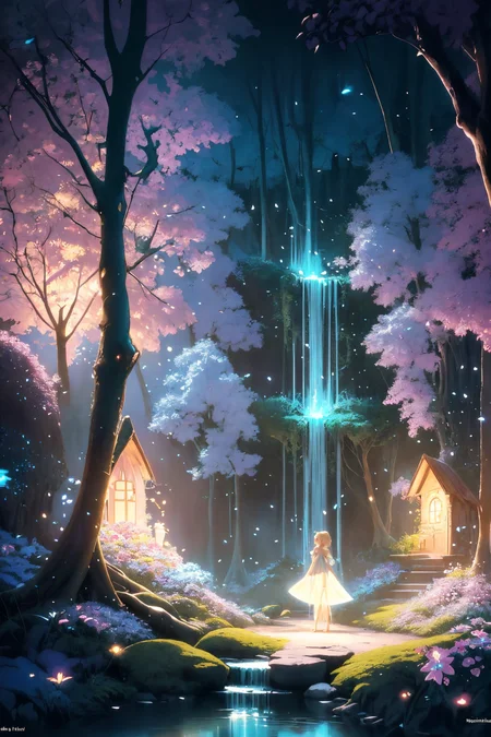 ( detailed realistic background:1),
( official art, beautiful and aesthetic:1 ),
realistic lighting,
cinematic lighting,
hyperrealism,
soothing tones,
muted colors,
high contrast,
soft light,
sharp,
artistic photoshoot,
<lora:FeyAndFairies-11:0.8>FeyFa, , forest, trees, middle, path, waterfall, through, background, stream, flowers, lights, running, in the foreground stands a fairy in front of her fairy house, light,( cute, petite ),
slender,
european,
pale cheeks,
square face shape with angular jaw,
natural "no-makeup" makeup,
big breasts,
,
blonde hair ,
crown braid  ,wearing a see-through gossamer fairy short dress,
night time, darkness,