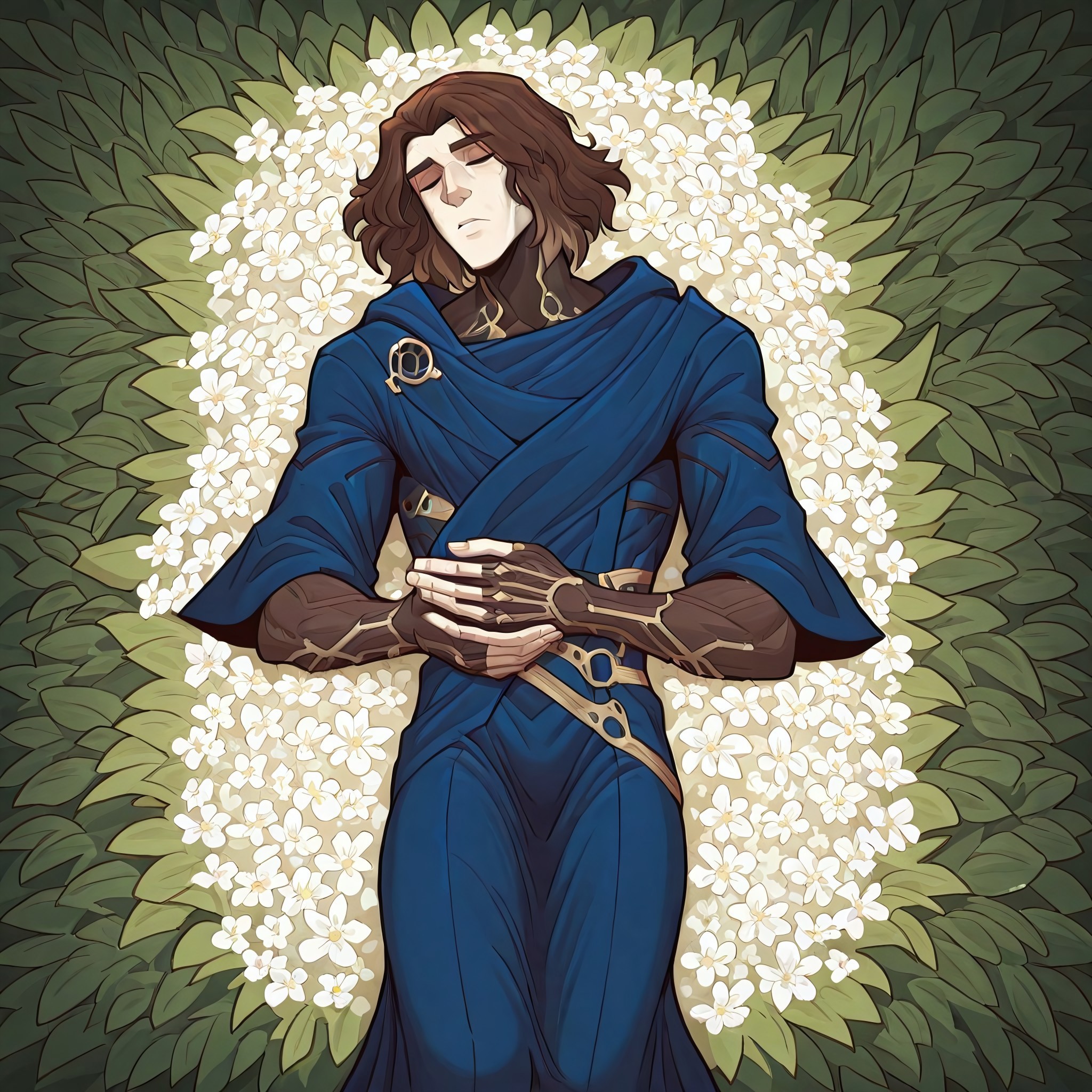 w0lfc0nf, 1 boy, brown hair, medium hair, single male, from the above, Arcane \(Series)\, offering hand, closed eyes, laying down, flower bed, masculine features, sleeping, slim, blue robe, pale skin, broad shoulders, natual background, plants, garden, white flowers, , masterpiece, perfect quality, best quality, detailed, cool composition, newest, very aesthetic