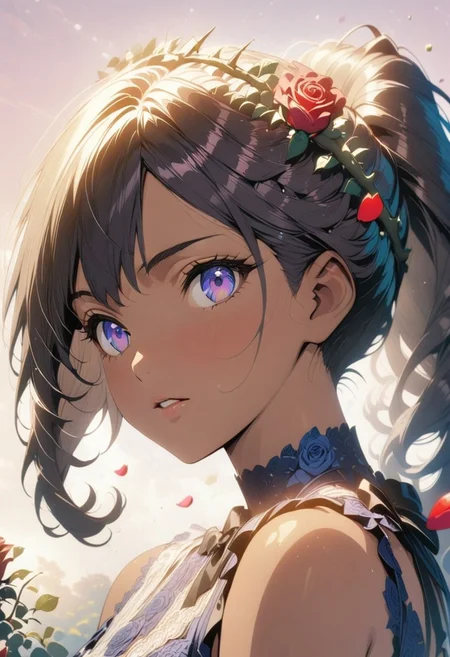 (masterpiece), (best quality), (ultra-detailed), very aesthetic, illustration, perfect composition, intricate details, absurdres, detailed face, (anime, masterpiece, intricate:1.3), (best quality, hires textures, high detail:1.2), (4k),(incredibly detailed:1.4) (((Best quality))), (((Ultra detailed))),(dim lighting, light particles, portrait, realistic, highres, closed_mouth:1.4, absurdres) ,1girl, solo, looking at viewer, very long hair,high ponytail, indigo eyes, rose hair ornament, dress, frilly indigo back hair bow, upper body, indigo hair, roses, parted lips, ribbons in hair, roses in hair, indigo eyes, eyelashes, lips, sky blue lace sleeveless dress,rose print dress, red roses, portrait, pale pink background, curly hair, rose vines with thorns,( rose petals falling in the air:1.3), soft light, tan skin, brown skin, hair blowing in the breeze, pastel theme, roses around the girl