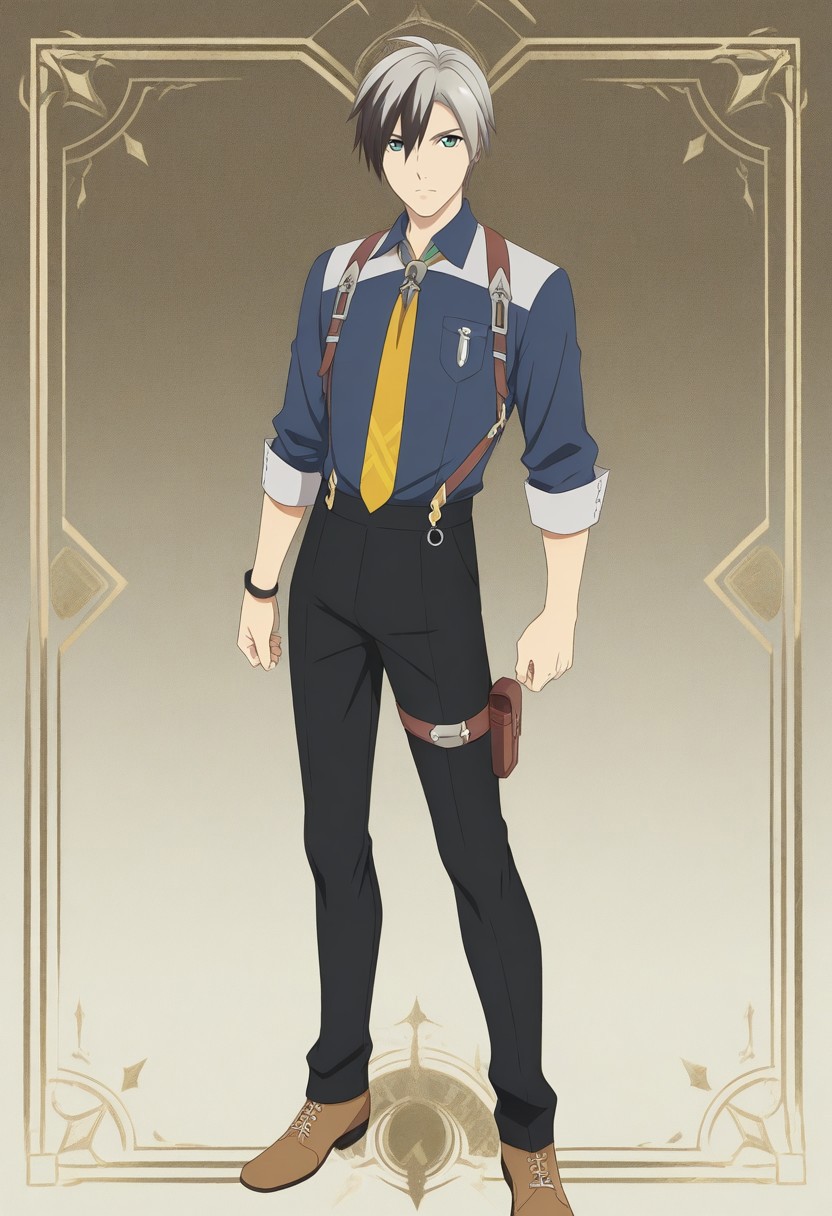 ludger will kresnik, 1boy, silver hair, dyed hair, green eyes, blue collared shirt, brown suspenders, thigh holster, black bracelet, yellow tie, brown shoes, black pants, standing, solo,
