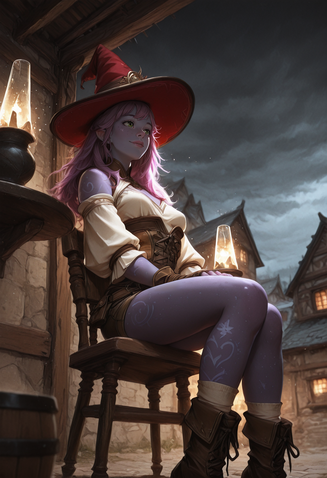 very awa, lineart, watercolor, negative space, [sei shoujo], [yoshiten], style parody, [bang dream!], [arcane: league of legends], [league of legends], (medium shot:1.9), (from below:1.5), (dynamic angle, depth of field) BREAK woman, solo, <lora:GenasiAir:0.7> AirGenasi, pointed ears, (wind), tousled hair, tattoos, pastel maroon hair, flattop hair with kanzashi, green eyes, intricate tattoo , freckles ([blue:purple:0.4] skin:1.2), gangly body, sexy, narrow waist ,attractive figure, perky breasts, perfect hands, metallic lips, looking outside, (ecstatic), BREAK wizard, wearing rustic (detailed deep brown_red and yellow linen top), fingerless gloves, loose sleeves, clothing cutout, fabric lowleg shorts, purple_red and red_brown hide uneven socks, ankle boots, wizard hat, <lora:FantasyWizardWitchesIL:0.5> hkmagic BREAK fantasy, outdoors, fantasy tavern, blue_grey painted walls, earth streets, rural details, stools arches, sitting, legs together , arms in lap, on chair, summer, night, cool light, heavy shadows, grey sky, overcast, cloudy sky, fog,, dynamic lighting, (feet apart) BREAK <lora:Expression_Detailer_Illustrious_Lora:0.7> <lora:Echodove-ILLU:0.6> <lora:DarkerThanDarkIllustriousV1:0.5> <lora:Relatively_Default_V1_Illu_Edition:0.6> RD-Illu, <lora:Stunning_Art_-__Landscape__Background-000009:0.6> st_landscape