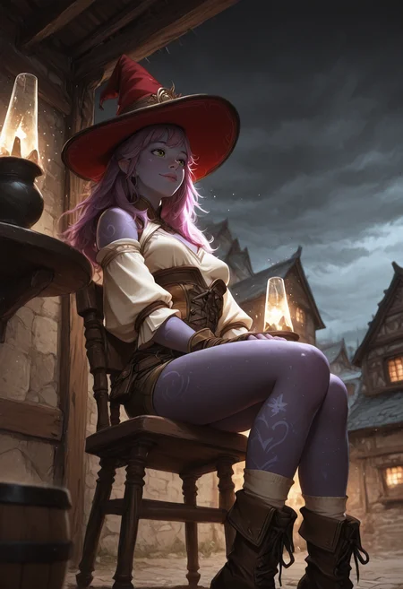 very awa, lineart, watercolor, negative space, [sei shoujo], [yoshiten], style parody, [bang dream!], [arcane: league of legends], [league of legends], (medium shot:1.9), (from below:1.5), (dynamic angle, depth of field) BREAK woman, solo, <lora:GenasiAir:0.7> AirGenasi, pointed ears, (wind), tousled hair, tattoos, pastel maroon hair, flattop hair with kanzashi, green eyes, intricate tattoo , freckles ([blue:purple:0.4] skin:1.2), gangly body, sexy, narrow waist ,attractive figure, perky breasts, perfect hands, metallic lips, looking outside, (ecstatic), BREAK wizard, wearing rustic (detailed deep brown_red and yellow linen top), fingerless gloves, loose sleeves, clothing cutout, fabric lowleg shorts, purple_red and red_brown hide uneven socks, ankle boots, wizard hat, <lora:FantasyWizardWitchesIL:0.5> hkmagic BREAK fantasy, outdoors, fantasy tavern, blue_grey painted walls, earth streets, rural details, stools arches, sitting, legs together , arms in lap, on chair, summer, night, cool light, heavy shadows, grey sky, overcast, cloudy sky, fog,, dynamic lighting, (feet apart) BREAK <lora:Expression_Detailer_Illustrious_Lora:0.7> <lora:Echodove-ILLU:0.6> <lora:DarkerThanDarkIllustriousV1:0.5> <lora:Relatively_Default_V1_Illu_Edition:0.6> RD-Illu, <lora:Stunning_Art_-__Landscape__Background-000009:0.6> st_landscape