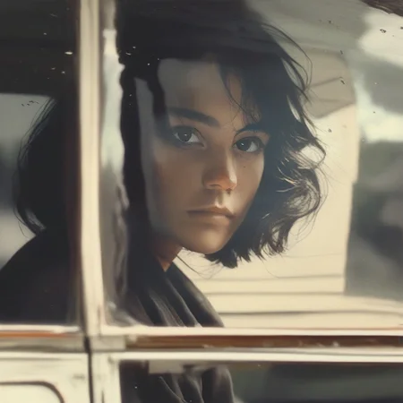 score_9, score_8_up, score_7_up, score_6_up, flmgr, flmgr, film grain, cinematic, cinematic light, solo, black hair, realistic, black eyes, looking at viewer, portrait, 1girl, pretty, medium hair, closed mouth, Outside the window