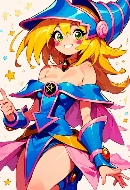 score_9, score_8_up, score_8, medium breasts, (curvy), cute, eyelashes,       
,,,
dark magician girl, blonde hair, choker, green eyes, long hair, blush, blush stickers, bare shoulders, blue footwear, blush, blush stickers, cleavage, collarbone, duel monster, hat, off shoulder, pentacle, wizard hat, 
,,,
smile, looking at viewer, cowboy shot,  
zPDXL, Expressiveh,