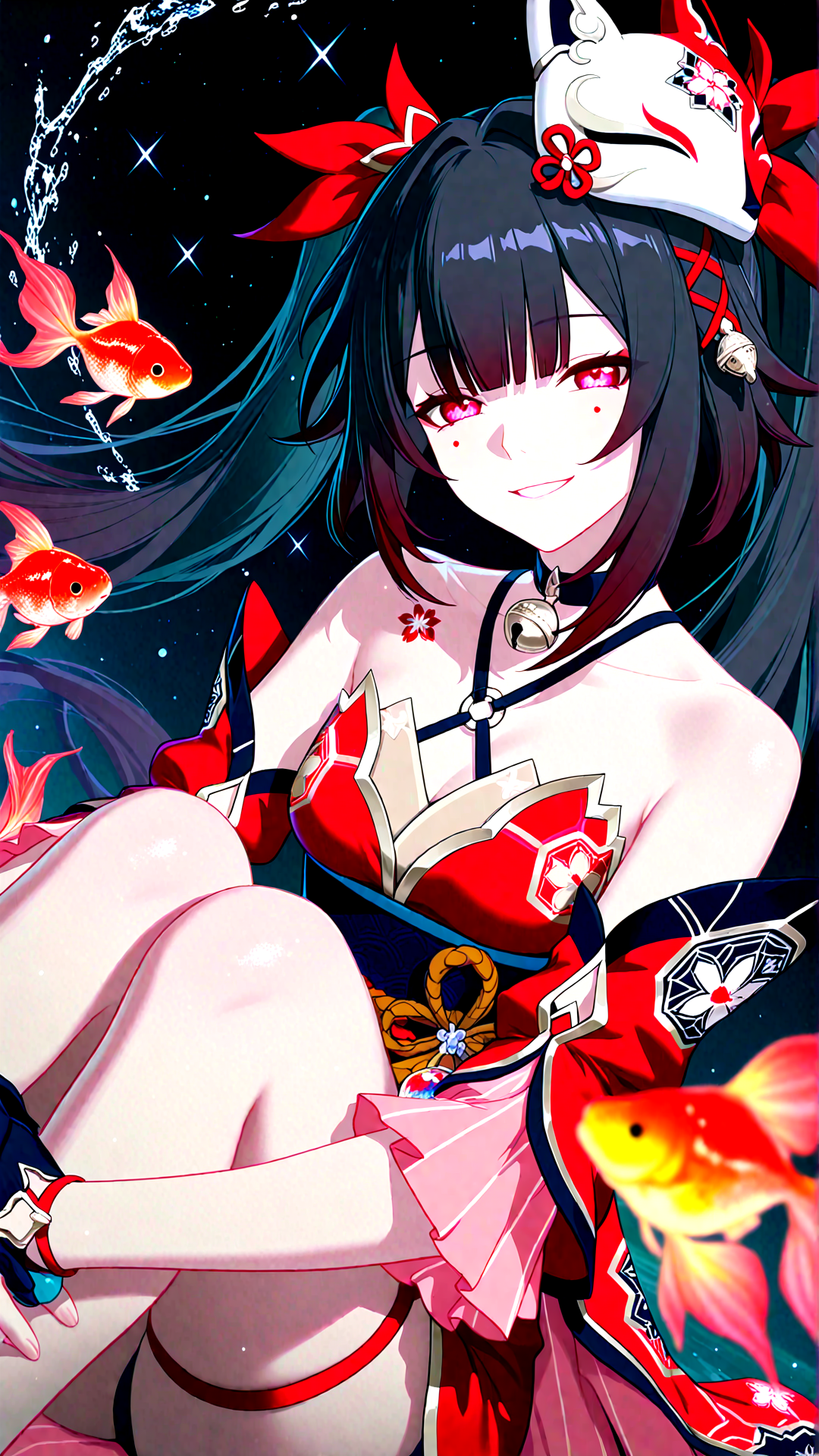 masterpiece, best quality, amazing quality, very aesthetic, absurdres, highres, newest, HDR, 8K, high detail, smooth shading, glossy surfaces, subtle, high contrast, dak depth, real background, hyper-realistic close-up, colorful depth, colorful lighting,
1girl, solo, sparkle \(honkai: star rail\), black hair, red eyes, amused grin, twintails, hair ribbon, solo, off shoulder kimono, mask on head, detached sleeves, choker, obi, single glove, wristband, criss-cross halter, thigh strap, upper body, hugging own legs, underwear, Goldfish, black background, volume color, dreamlike collage, artistic and gothic, chromatic aberration, cinematic composition, highly detailed fabric, colorful rainy day atmosphere, dramatic symmetry, ultra-detailed, dreamlike, lens-flare, Prism, colorful flowers and flower effects, diagonal angle, dutch angle, beautiful atmosphere, muted colors, cinematic composition, natural lighting, water color, cinematic composition, blurry foreground, blurry background, heavily textured impasto oil painting,