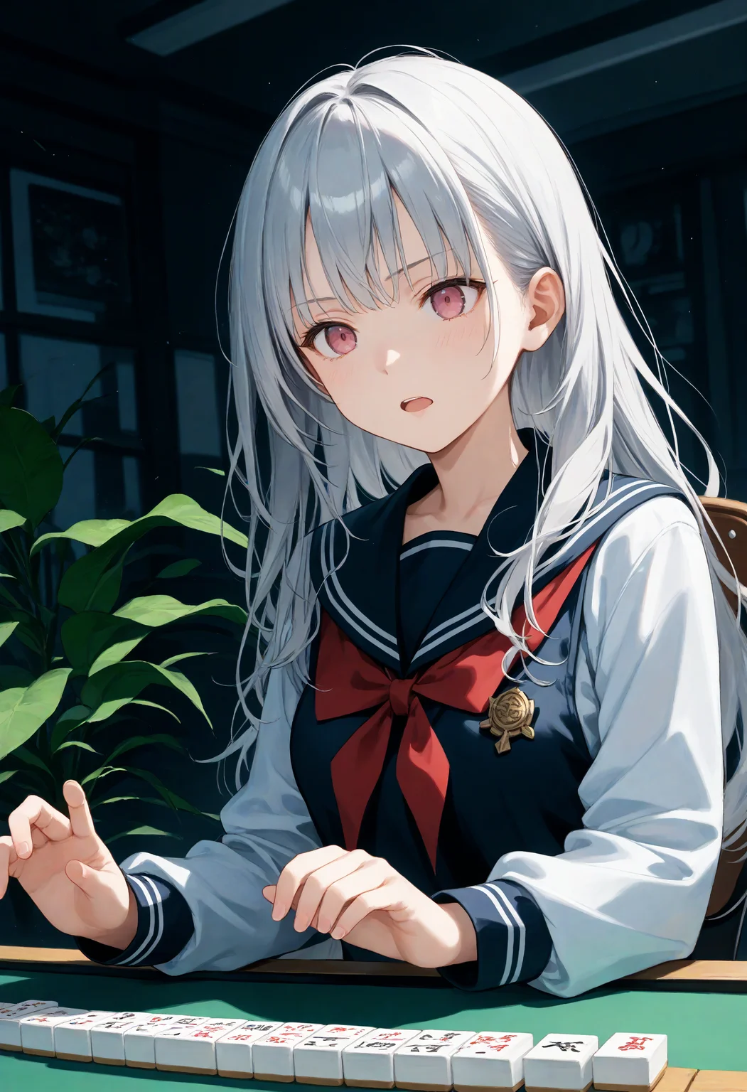 score_9, score_8_up, score_7_up , source_anime, masterpiece, best quality, perfect anatomy , very aesthetic , absurdres ,
1girl, school uniform, medium breasts, solo,<lora:mahjong_Pony_v1:0.9>
mahjong, mahjong tile, mahjong table, board game, playing games,holding mahjong tile,indoors, sitting, chair,
from side, upper body, looking ahead,silver hair, pink eyes,open mouth, single hair, dark persona