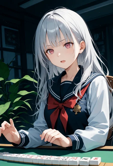 score_9, score_8_up, score_7_up , source_anime, masterpiece, best quality, perfect anatomy , very aesthetic , absurdres ,
1girl, school uniform, medium breasts, solo,<lora:mahjong_Pony_v1:0.9>
mahjong, mahjong tile, mahjong table, board game, playing games,holding mahjong tile,indoors, sitting, chair,
from side, upper body, looking ahead,silver hair, pink eyes,open mouth, single hair, dark persona