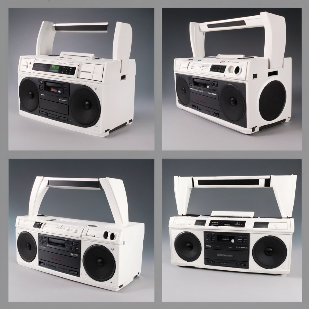 <lora:Everly_Heights_Prop_Generator:.4> a 1990s boom box stereo (front, back, side:1.2)