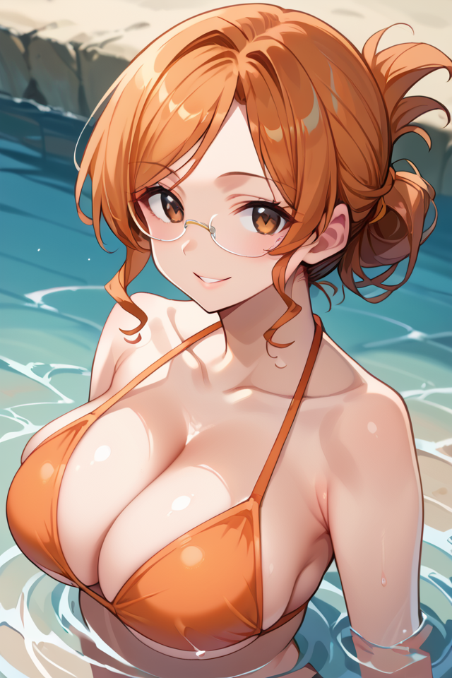 score_9_up, score_8_up, score_7_up, 16k, masterpiece, absurdes, highly detailed, highres, high quality, best quality, Perfect hands, perfect fingers, looking at you, smile, solo, Katsuragi Mari, kami nomi zo shiru sekai, sidelocks, hair up, hair bun, sidelocks, curly hair, short hair, rimless eyewear, single hair bun, folded ponytail, orange hair, brown eyes, big breasts, dutch angle, standing, sexy, seductive smile, erotic female, parted lips, full lips, close-up, mature female, milf, (sexy busty), <lora:Mari Katsuragi PonyXL-10:0.7>, <lora:Add Detail Tweaker X:0.7>, beach brackground, outdoors, bikini, orange bikini, partially underwater shot, lower body under water, ((view from under water)), (upper body over water), (above the water), (water line on lense),