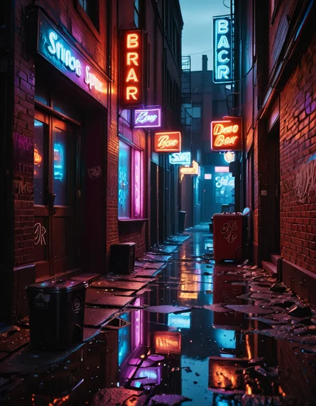 A highly detailed and realistic photograph of a dark alleyway behind a bar at night. The narrow passage is dimly lit by a flickering neon sign casting a moody red and blue glow onto the wet pavement. The walls are made of old, weathered brick covered in graffiti, with metal fire escapes zigzagging above. Trash bags and discarded crates are scattered along the alley, and a few puddles reflect the neon lights, adding depth to the scene. A single, dented metal door with a small, barred window leads into the back of the bar, with a faint warm light seeping through the cracks. The air is thick with mist, and the distant hum of the city is broken only by the occasional drip of water from a rusted drainpipe. A sense of mystery and urban grit fills the atmosphere, evoking a cinematic, noir-style aesthetic.
<lora:SDXLFaeTastic2400:0.4> <lora:extremely_detailed:0.4> extremely detailed, <lora:all3yway-ill:1>,all3yway, Masterpiece,best quality,hi res,8k,hi res,8k,award winning,(sharp focus, intricate, highly detailed),