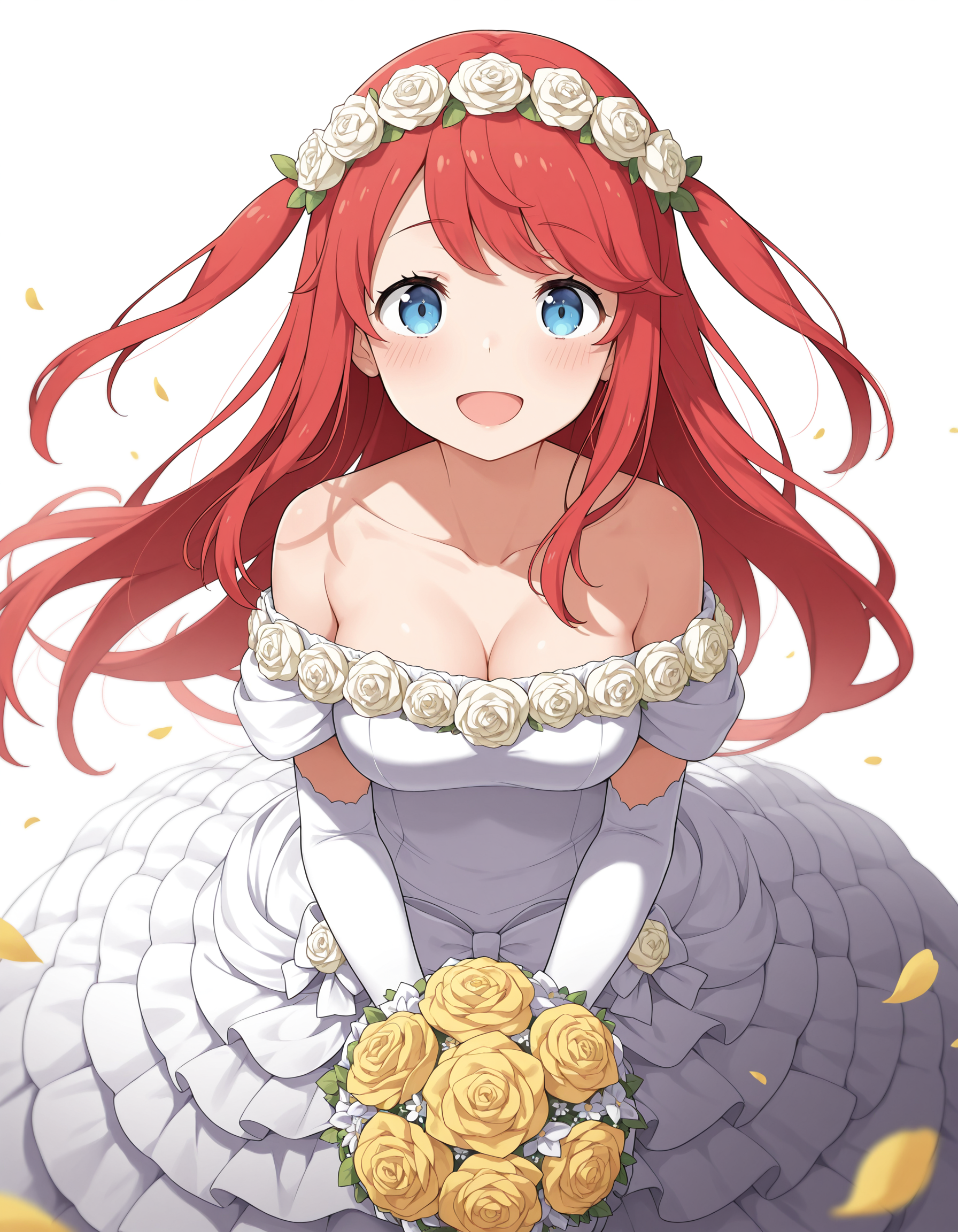 <lora:Theresia van Astrea Illu:1>
theresi4, 1girl, wedding dress, blue eyes, yellow flower, red hair, head wreath, smile, holding bouquet, long hair, white dress, yellow rose, petals, open mouth, off-shoulder dress, white rose, two side up, blush, looking at viewer, medium breasts, off shoulder, :d, cleavage, flower wreath, white flower, bridal gauntlets, collarbone, bare shoulders, layered dress, elbow gloves, hair ornament, dress bow, hair flower, white gloves, frilled dress, dress flower, bride, depth of field, 
simple background, white background,, masterpiece, best quality, amazing quality